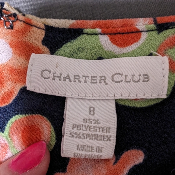 Charter Club floral dress form fitting dressy size 8 navy and coral and green - Picture 8 of 11